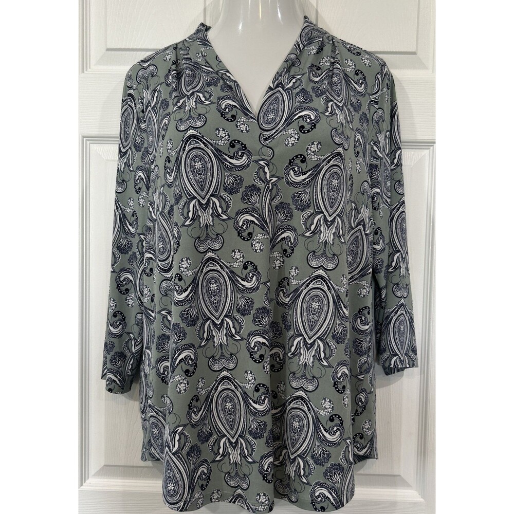 Charter Club Stretch Career Scarf V Neck Tunic Top Blouse Green Paisley Print XL